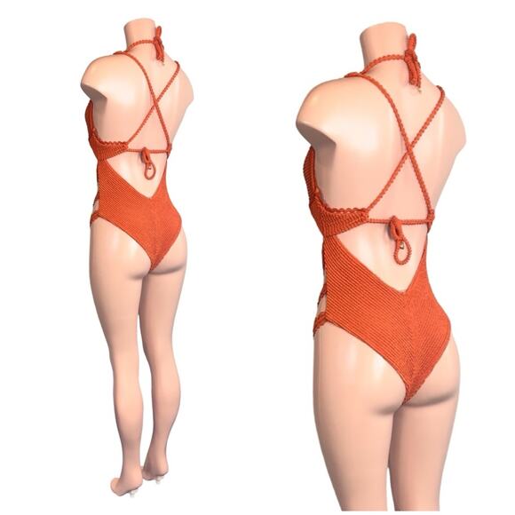 Despi Textured Burnt Orange Halter Underwire One Piece SZ L $198 - Picture 7 of 14